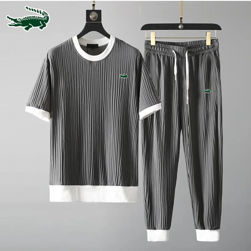 Summer men's round neck elastic pleated thin set m-4xl