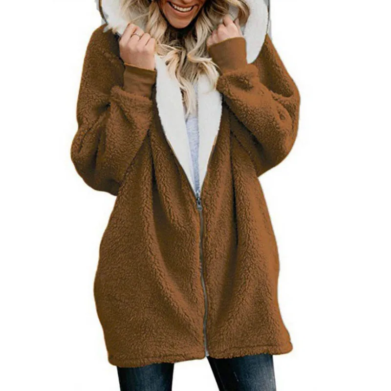 

Women Coat Winter S-5XL Causal Soft Hooded Pocket Zipper Fleece Plush Female Coat Warm Plus Size Faux Fur Fluffy Women Jacket