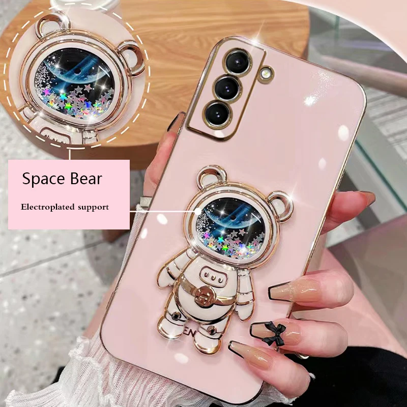 

Quicksand Space Bear bracket Plating Phone Case For Samsung Galaxy M31 M21 M30S M12 M53 M42 M11 M32 M22 M51 M62 M33 M13 Cover