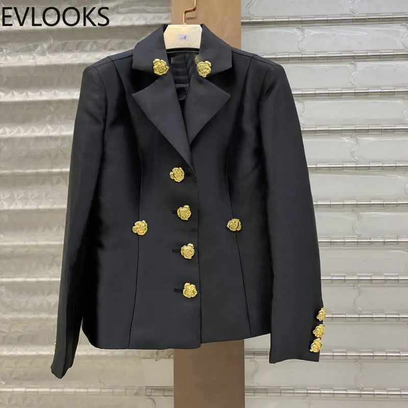 

EVLOOKS 2022 Autumn Winter Celebrities Design Sense Metal Rose Decoration Lapel Shoulder Pad Long Sleeve Suit Coat Female