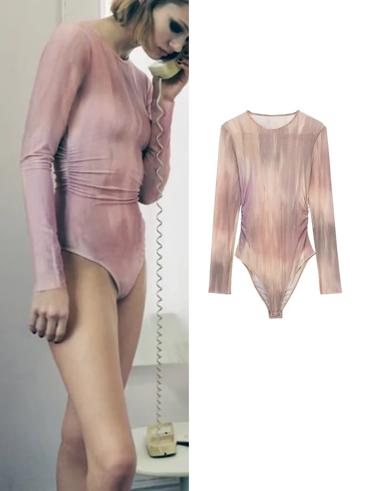 

Женское винтажное боди из тюля с принтом, круглым вырезом и длинным рукавом