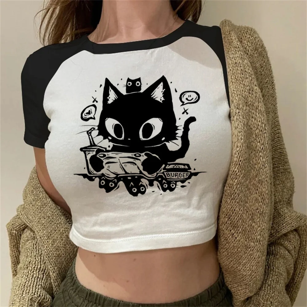 Фото Укороченный топ Black Cat Y2k Shoujo для девочек, стильная кукла, эстетичная гранж-гируба, 2000-е, Харадзюку, облегающая милая одежда для девочек №3