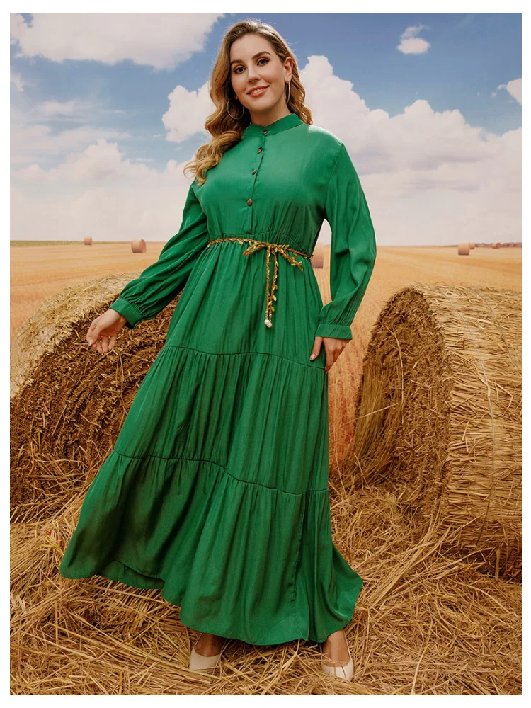 

Spring hot sale in France Hepburn style plus size fat mm dress loose solid color long sleeve swing long skirt