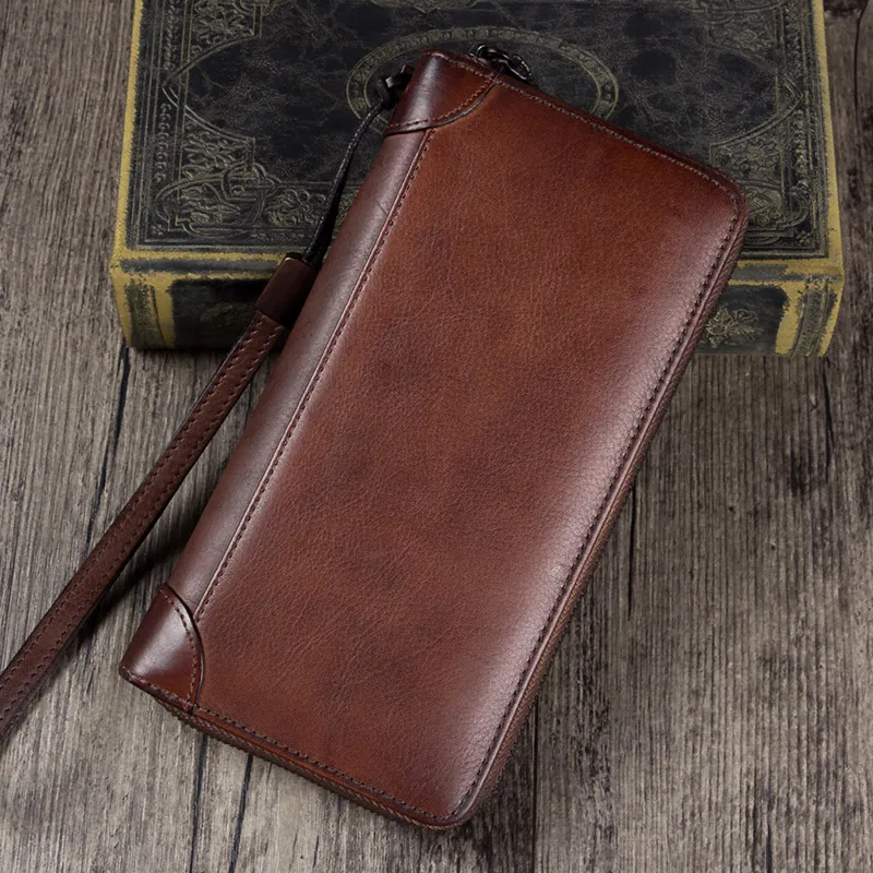 Ladies Handmade Wallet Female First Layer Cowhide Wallet Female Vintage Wallet Female Long Genuine Leather Zipper Bag
