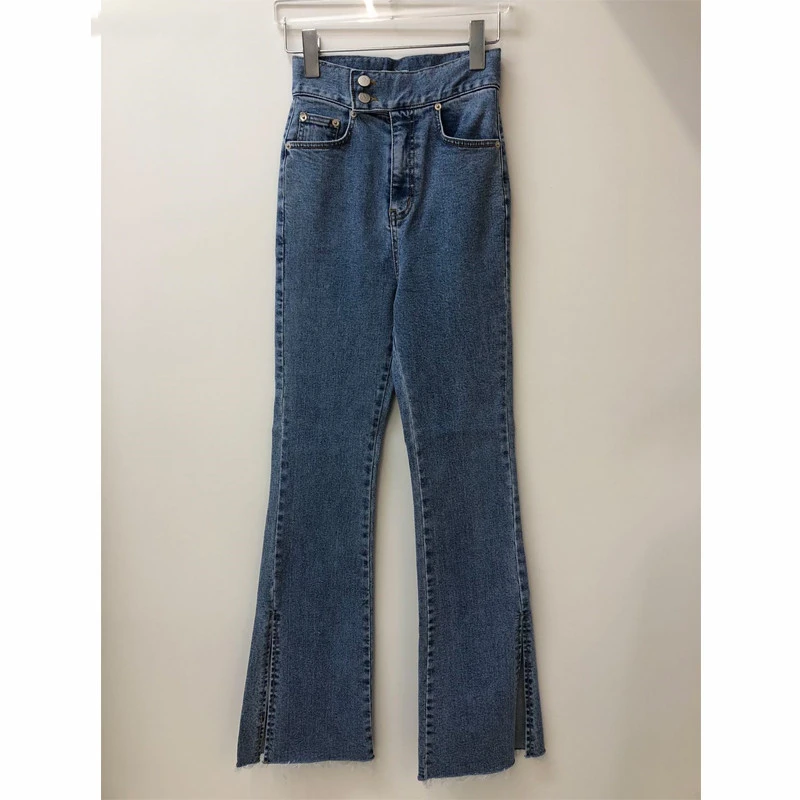 

New Fashion Women Double Button Flare Jeans Pants High Waist Stretched Side Split Female Denim Blue Trouser 2021 Spring