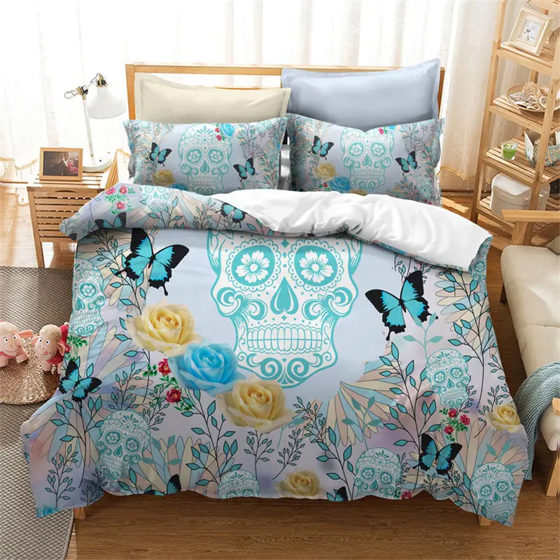 

Watercolor Flower Skull Bedding Set Fashion Skeleton Floral Print Duvet Cover Soft Sugar Skull Comforter Cover With Pillowcases