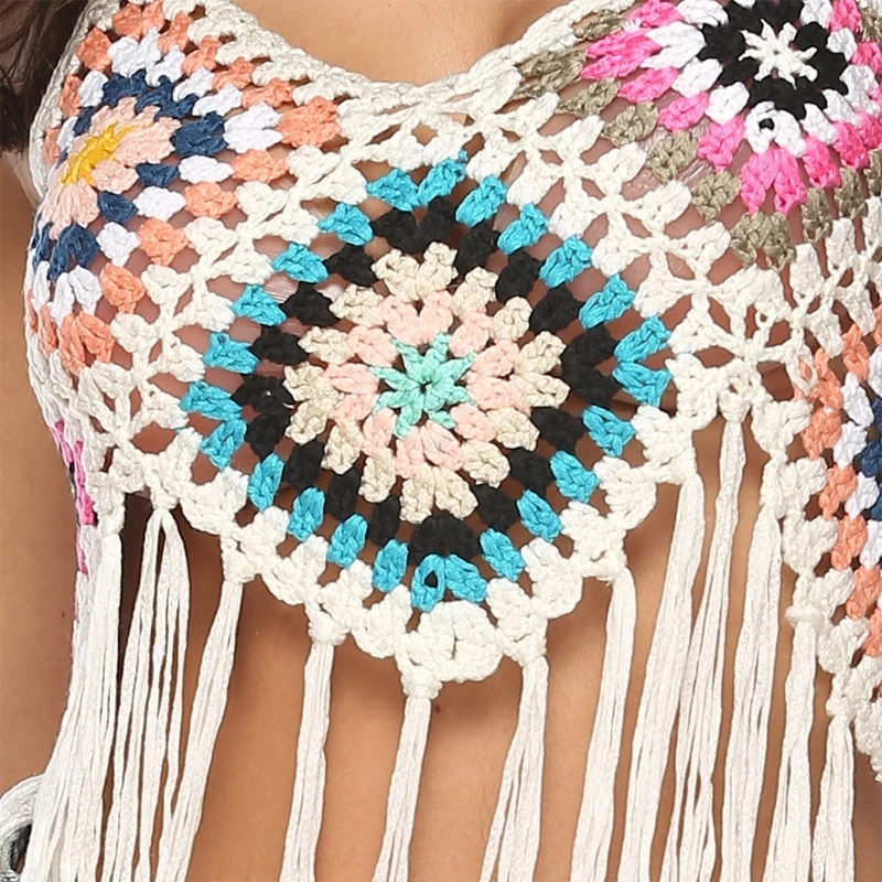 

Women Summer Beach Crochet Halter Bikini Crop Top Crochet Tassel Camisole Vest