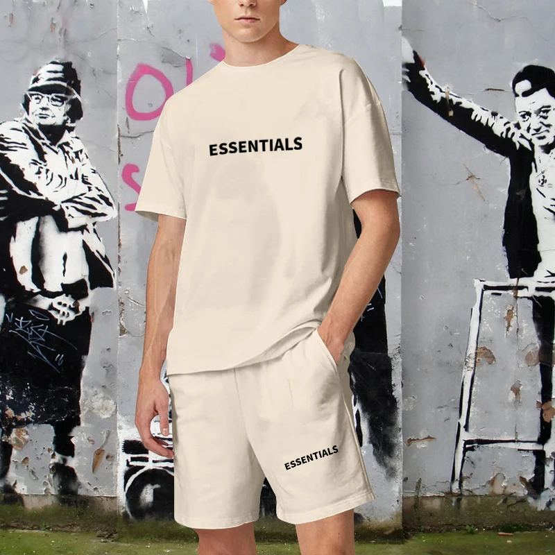 New Cotton Men Tshirt And Shorts Set Mens ESSENTIALS Tide Brand High Quality Fashion Oversized Man 2 Pieces Sets Tracksuit Sport