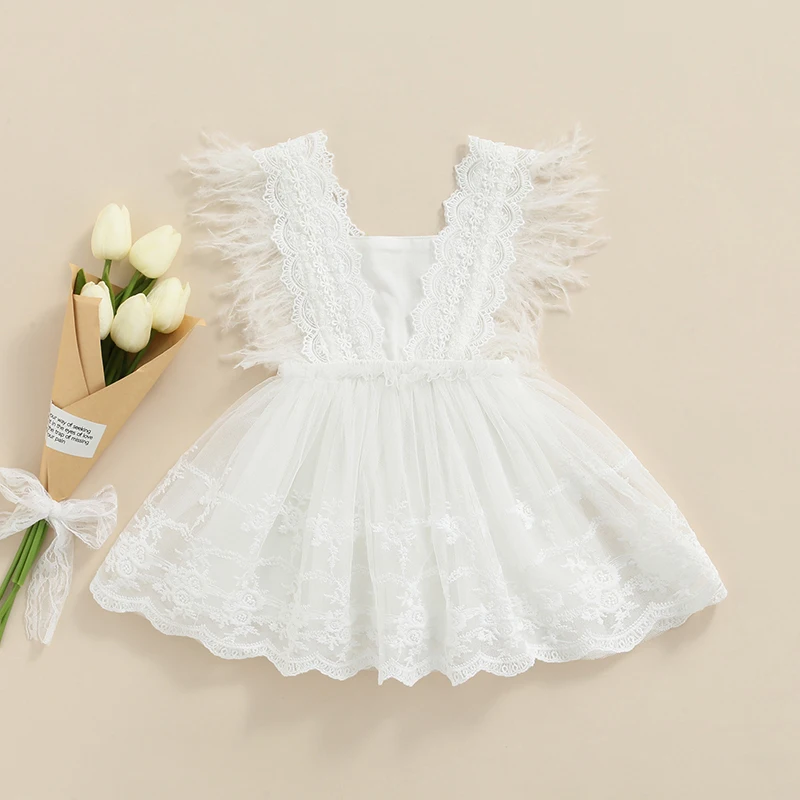 

0-24 Months Newborn Baby Girls Dress White Square Collar Sleeveless Lace Hem Bow Princess Dress Children's Summer Clothing