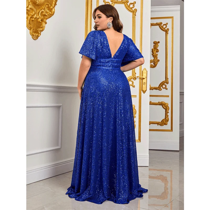Plus Size Blue Sequins Shiny Maxi Evening Dress 4XL5XL Luxury V Neck Short Sleeve Loose 2023 Summer Plus Size Shiny Dresses