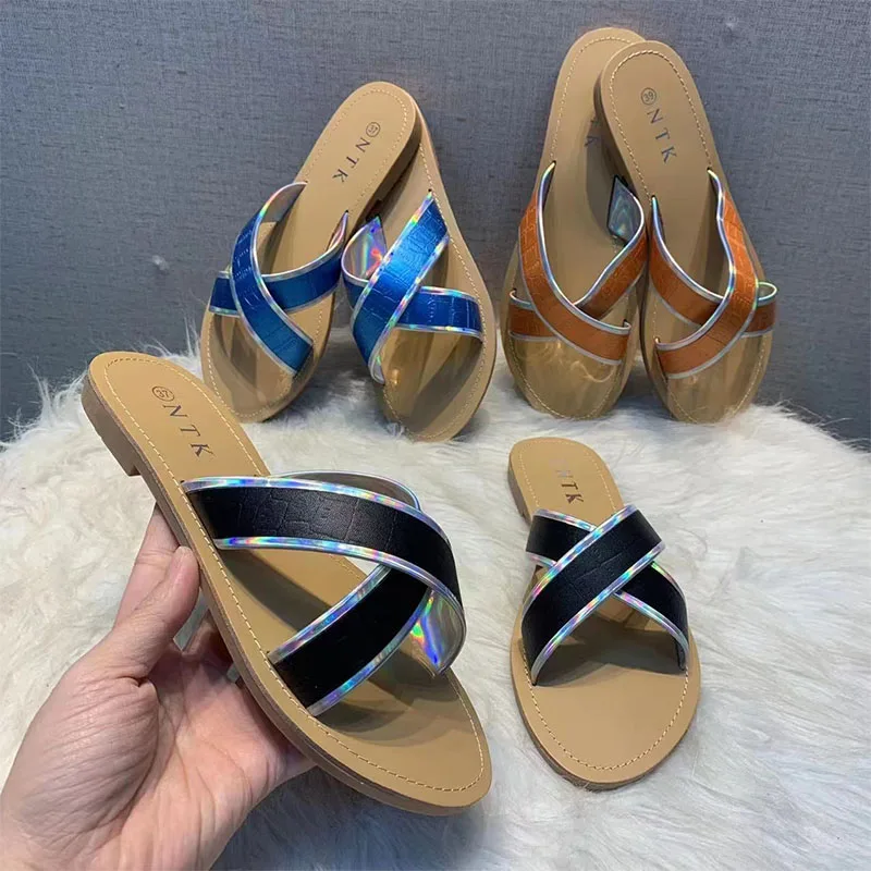 

2022 Summer New Sandals High-quality Flat Women Shoes Laser Flat Women Slippers Outer Wear All-match Casual Ladies Beach Slides