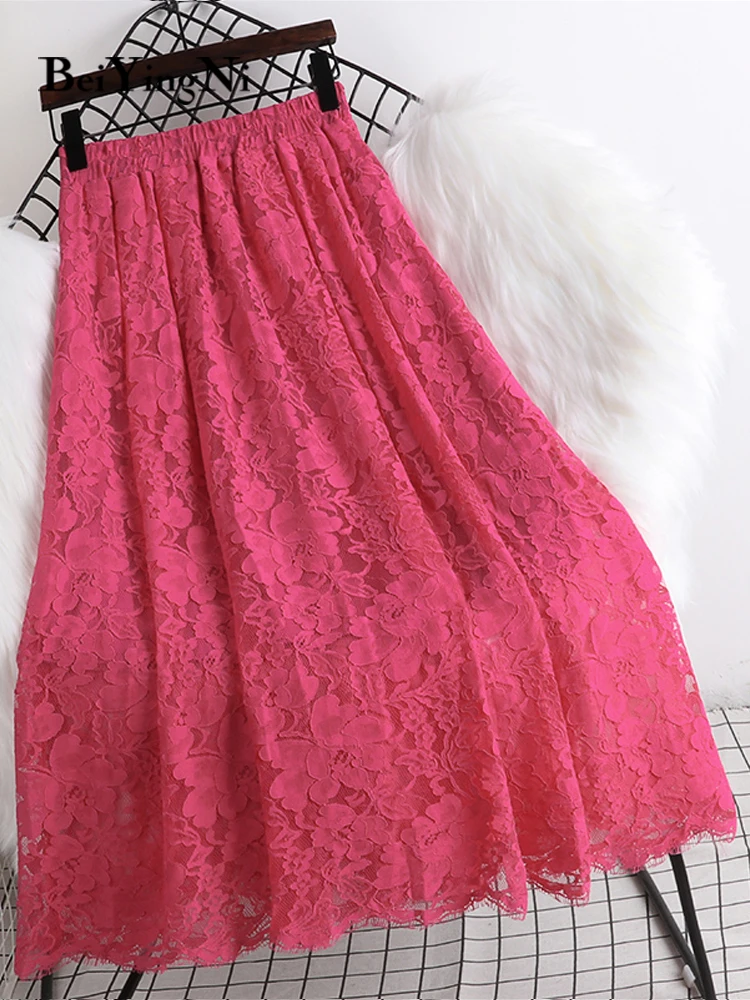 

Женская кружевная юбка миди Beiyingni в Корейском стиле, элегантная повседневная облегающая юбка с высокой талией, винтажные Роскошные однотон...