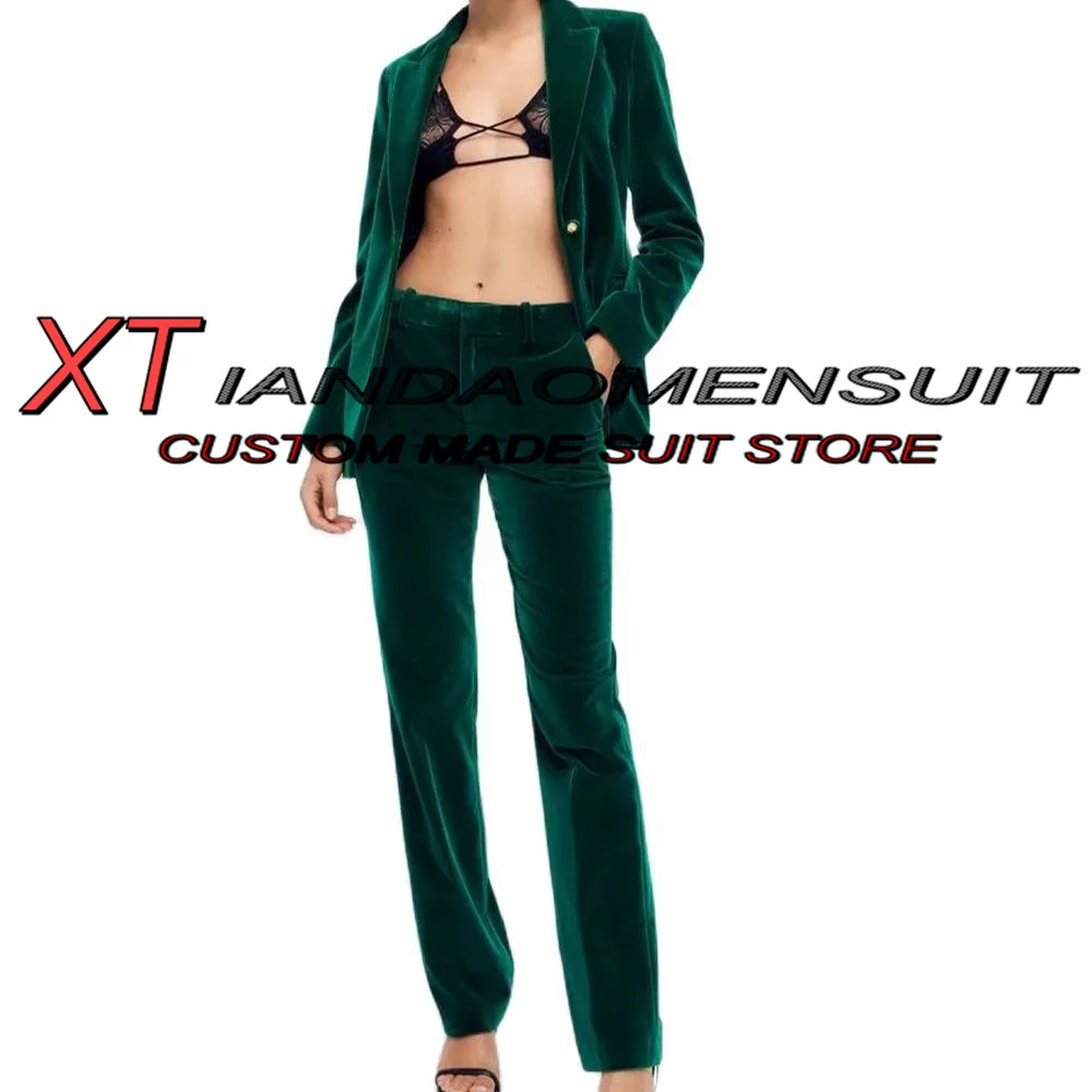 Velvet Women's Suit 2 Piece Dark Green Office Formal Workwear Lady Jacket Set Wedding Blazer Pants 	 ensemble femme 2 pièces
