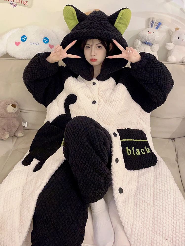 Autumn and Winter 2024 New Three-Layer Quilted Women Nightgown Coral Fleece Pajamas Fleece-lined Thickened Homewear Set