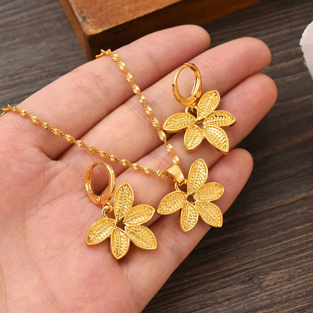 

24k Gold Plated Africa Ethiopian Jewelry Necklace pendant Earrings wedding Birthday Party Jewelry Sets For Women Girl Gift