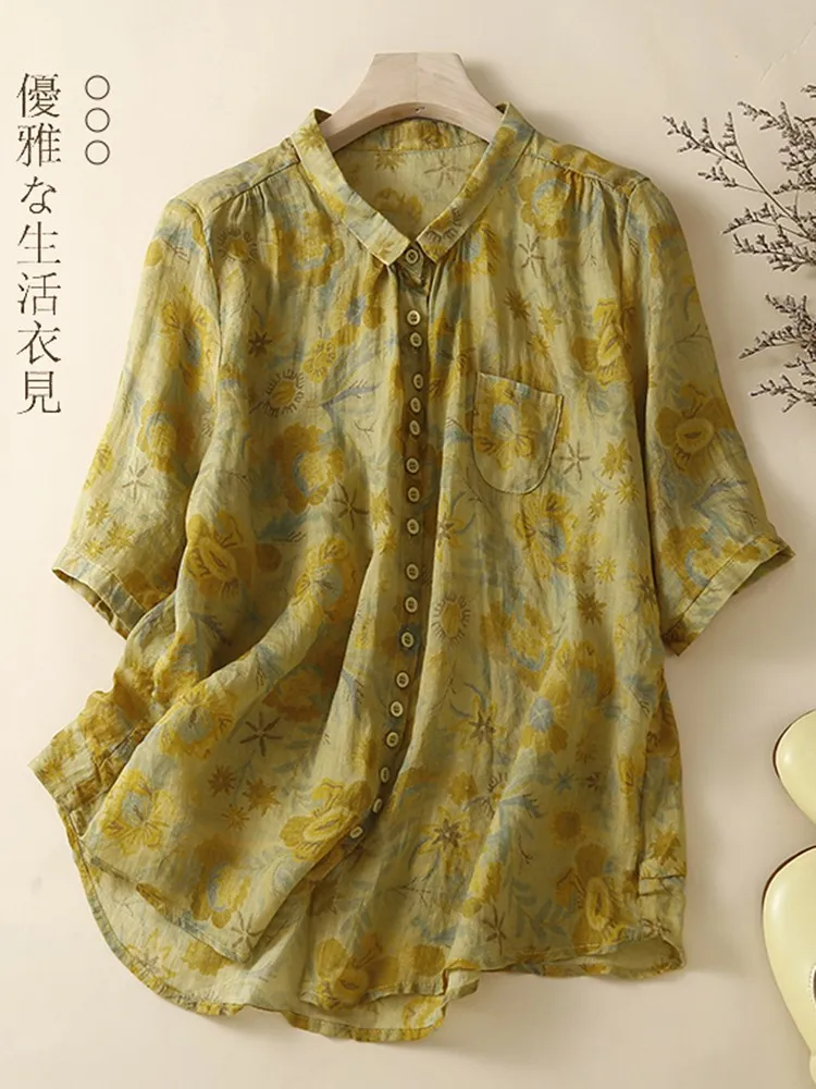 

Women Summer Casual Shirts New Arrival 2022 Vintage Style Floral Print Loose Comfortable Female Half Sleeve Tops Shirt B2003