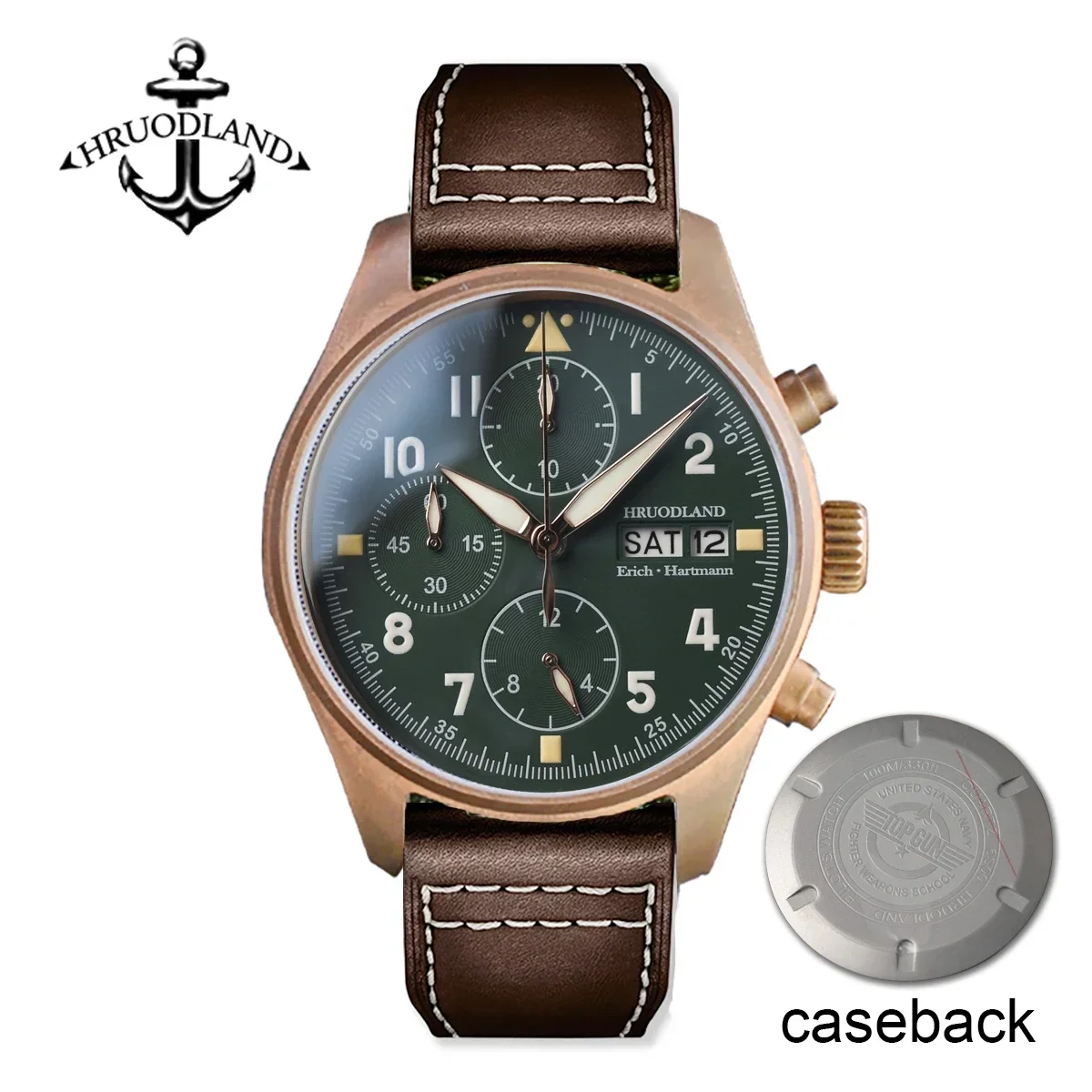 

Hruodland Brass Pilot Watch Quartz Chronograph with Date/Week Sapphire Crystal 10Bar Waterproof 42mm F007Q Men Retro Wristwatch