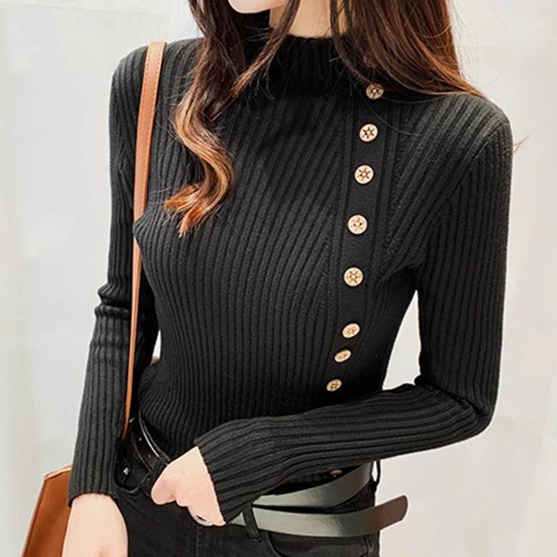 

Half Turtleneck Pullovers Solid Appliques 2023 Autumn Winter All Match Women Sweaters Slim New Pull Femme Fashion Clothes