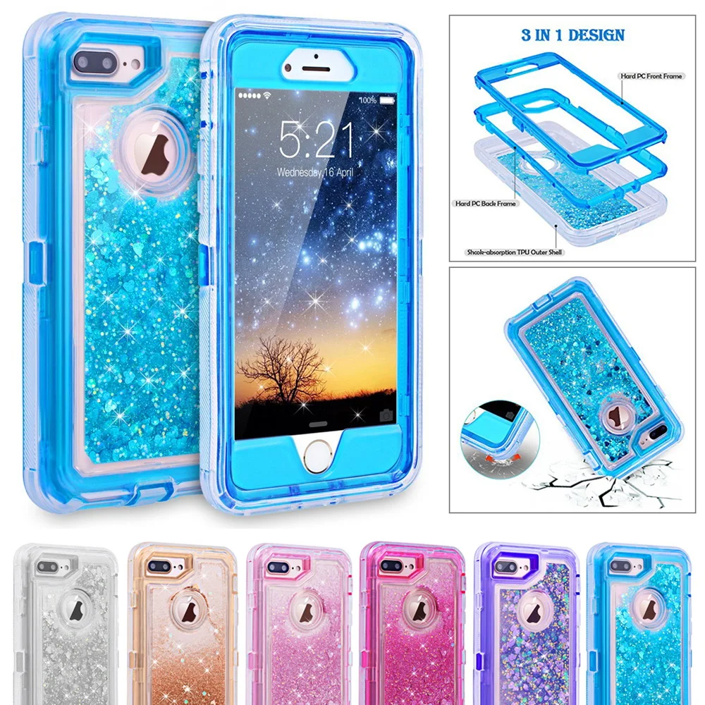 

3 in 1 Glitter 3D Bling Sparkle Flowing Quicksand Liquid Transparent Shockproof Case For iPhone 14 13 Pro 12 Mini 11 Pro Max XR