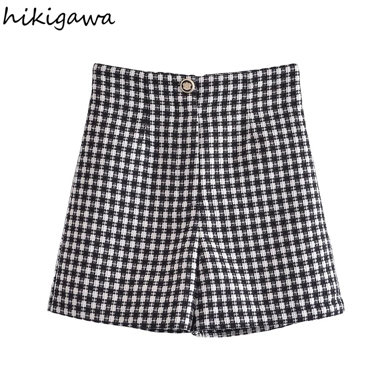 

Hikigawa Women Fashion Plaid Tweed Texture Shorts Vintage High Waist Zipper Fly with Button Female Short Pants Mujer