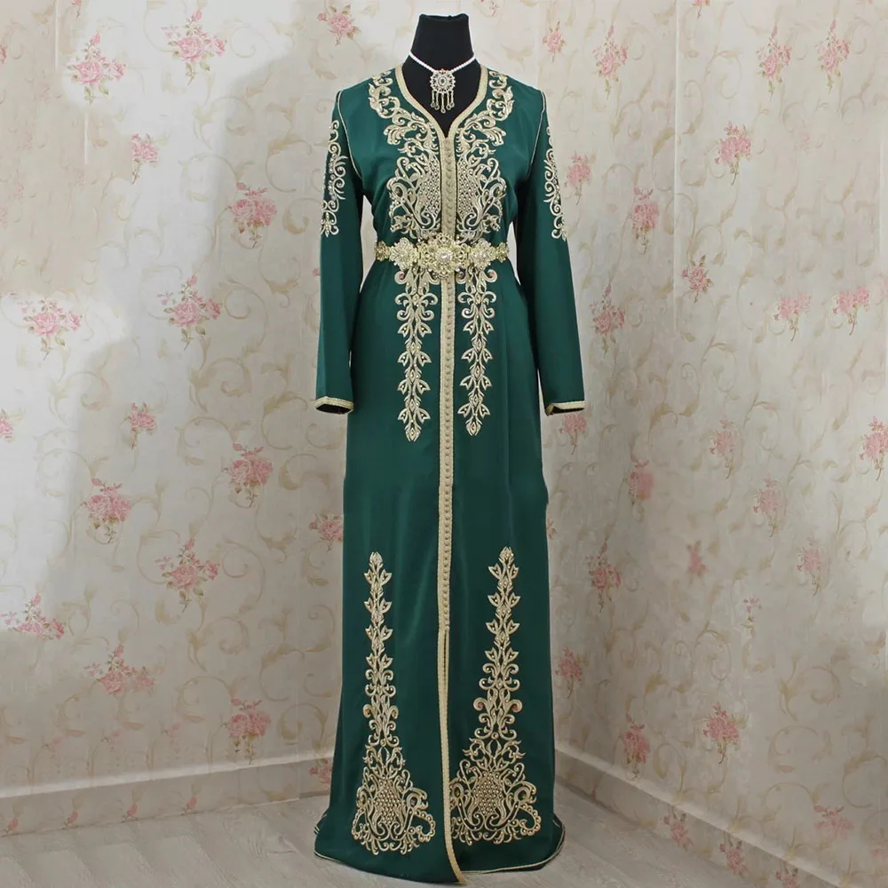 

Classic Green Evening Dresses For Women V-Neck Full Sleeves Prom Dresses Satin Floor Length A-Line Saudi Arabia Robes De Soirée