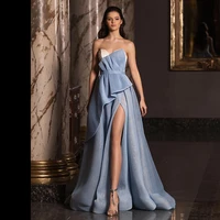 new water blue strapless sweetheart evening dresses for party elegant high split tulle cocktail dress 2022 beach gowns for women