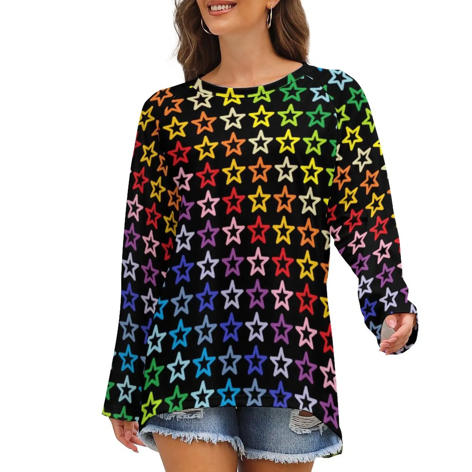 

Broader Spectrum Rainbow T-Shirts Outline Stars Casual Long-Sleeve T-Shirt Retro Printed Tee Shirt Woman Tops Big Size 4XL 5XL