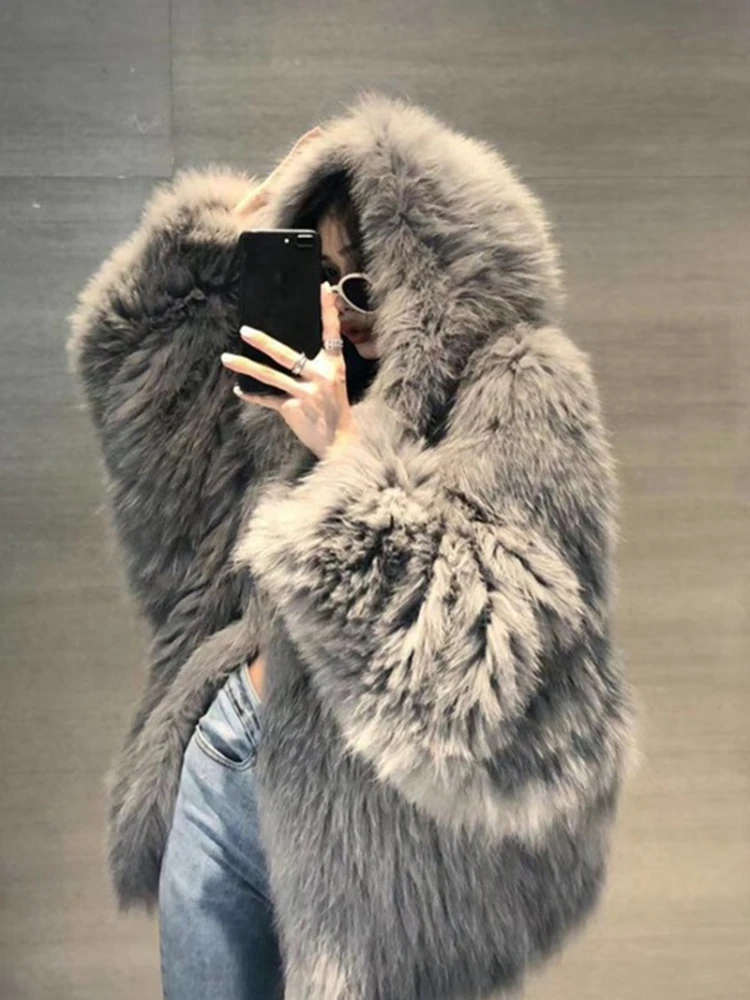 Hooded Fox Fur Jacket Women's Winter Mid-Length Young Woven Imitation Fur Plush Coat