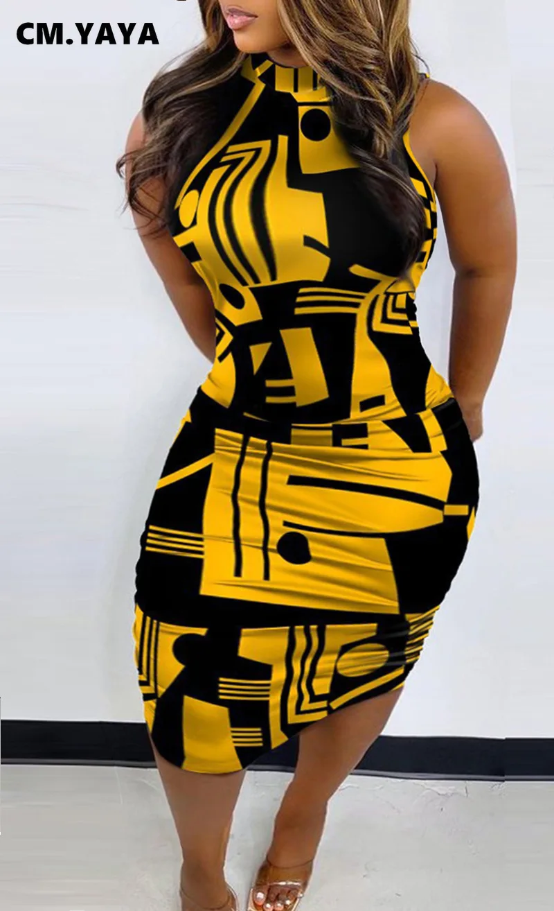 

Женское облегающее платье средней длины CM.YAYA, летнее сексуальное Клубное платье-карандаш без рукавов с оборками по бокам, 2022