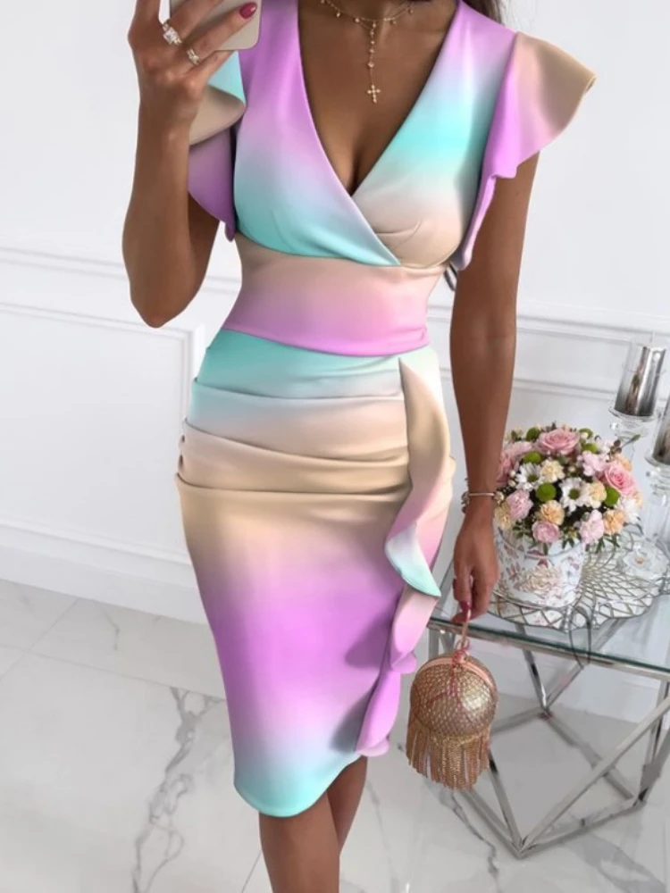 

Summer 2022 New Elegant Women's Gradient V-neck Mermaid Skirt Pink Knee-Length Petal Sleeve Mini Dresses for Women Office Lady