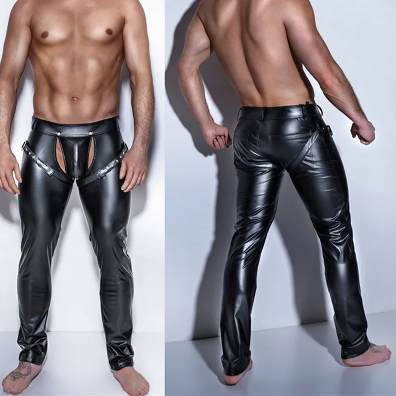

Sexy Mens Trousers Open Crotch PU Leather Latex Leggings Fitness Pencil Pants Taniec Na Rurze Clubwear Gay Sexy Wetlook Leggings