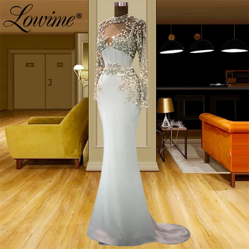 

Lowime 2022 Satin Long Evening Dress Custom Made Long Sleeves Illusion Beaded Crystals Party Gowns Mermaid African Arabic Prom