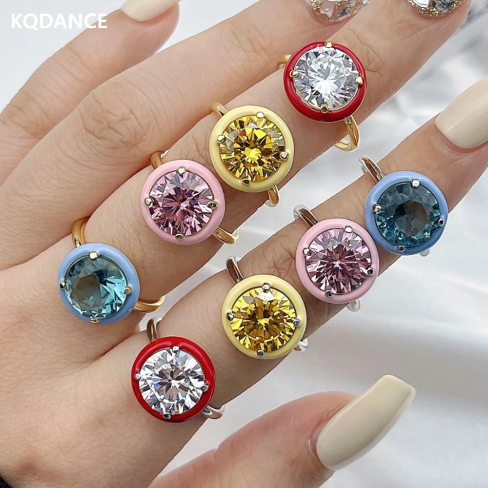 KQDANCE 925 silver with enamel Lab Gemstones Zircon Diamond Ring big Yellow/pink/blue Stone Round Rings For Women Fine Jewelry