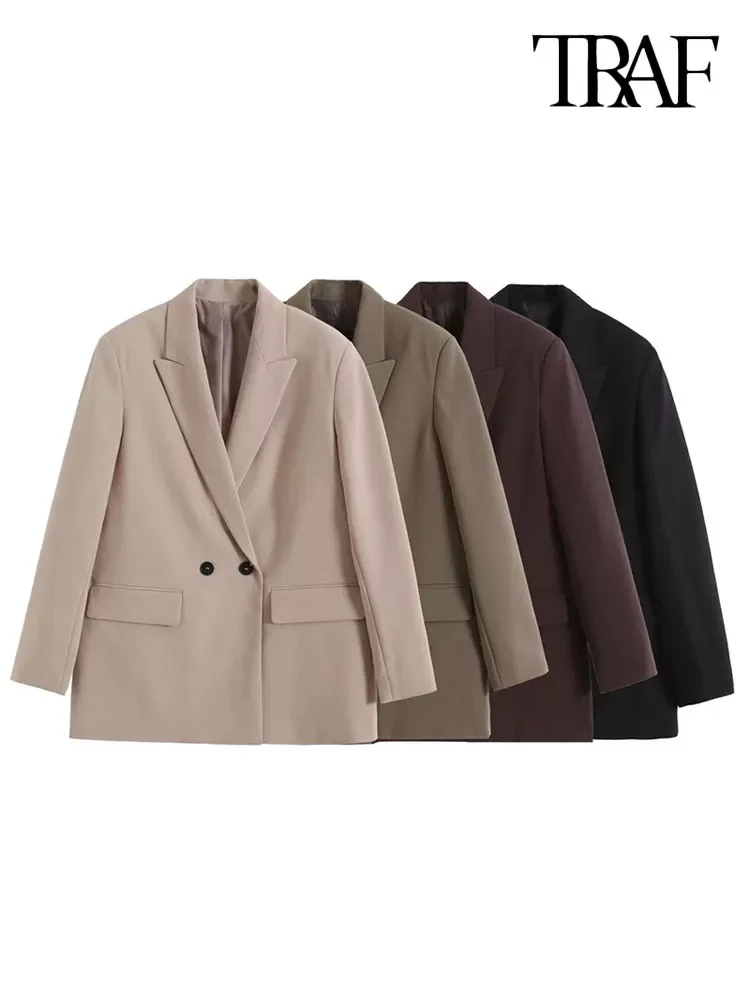 

TRAF Women Fashion Double Breasted Loose Fitting Blazer Coat Vintage Long Sleeve Pockets Female Outerwear Chic Veste Femme