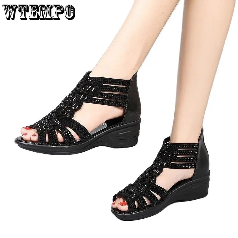 

WTEMPO Sandals Women's Summer Slope Heel Roman Fish Mouth Soft-soled Middle-aged Ladies Sandals Wholesale Dropshipping