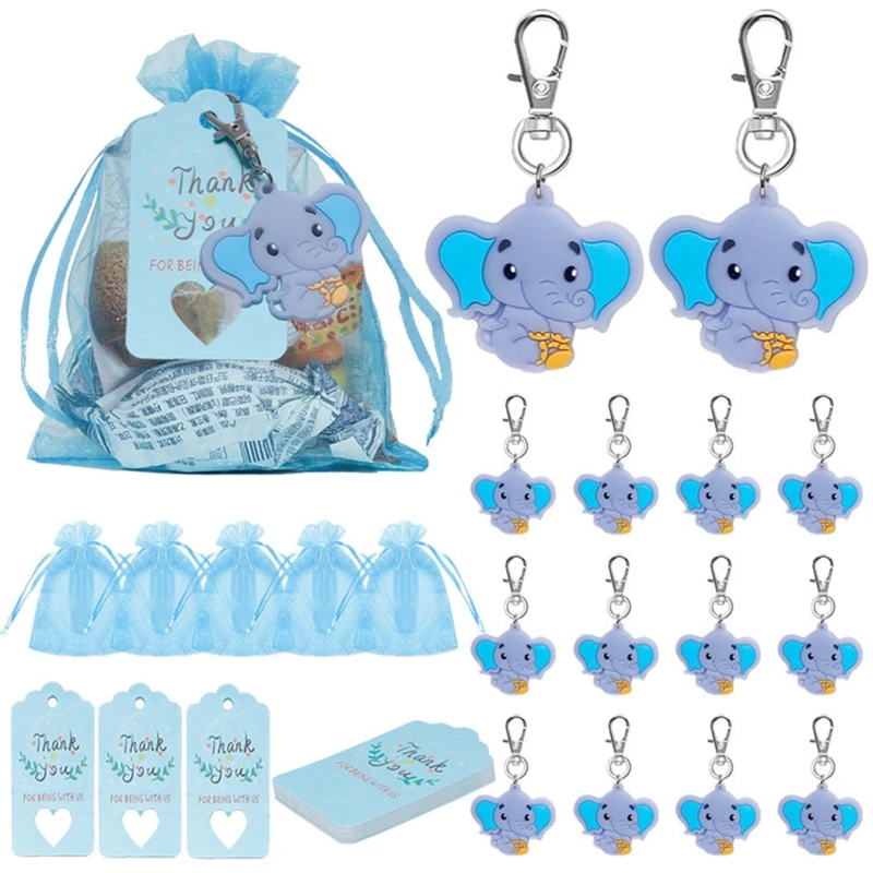 

90Pcs/set Baby Shower Return Favors Elephant Keychains Organza Bags and Thank You Tags for theme Party Favor Baby Kids