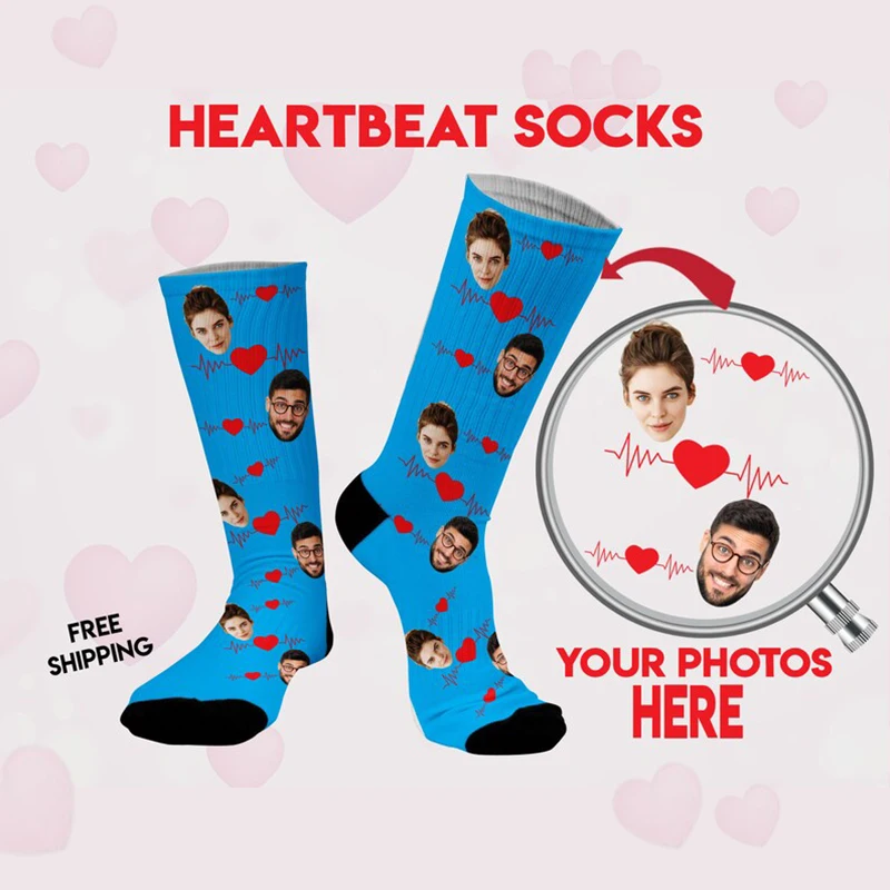 Custom Heartbeat Men Women Socks 3D Printed Fashion Face Custom Cotton Socks Suitable Gifts For Birthday Commemorative Day
