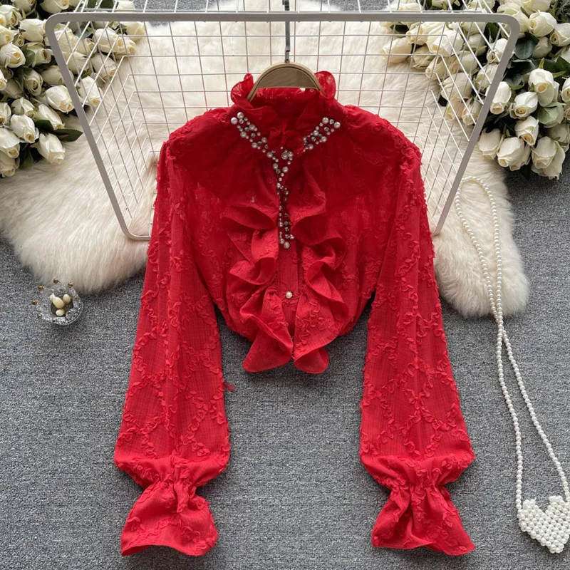 

Design Sense Ruffle Flare Sleeve Shirt Autumn Top Women's New Temperament Shirt blusas mujer de moda 2022