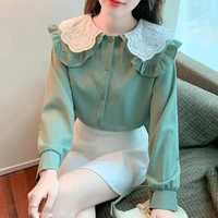 sweet peter pan collar spliced button lace hollow out ruffles shirt 2022 autumn new casual loose female clothing commute blouses