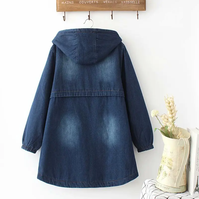 Women's Winter New Solid Color Plus Velvet Thickened Denim Windproof Cotton Coat Hooded Washed Zipper Cotton Jacket Denim Jacket