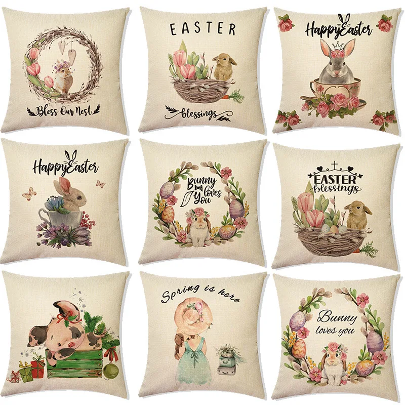 

Easter Decorations 2023 Sofa Decor Pillow Covers 45x45 Pillowslips Easter Eggs Bunny Print Cushion Cover 45x45 Linen Pillowcase