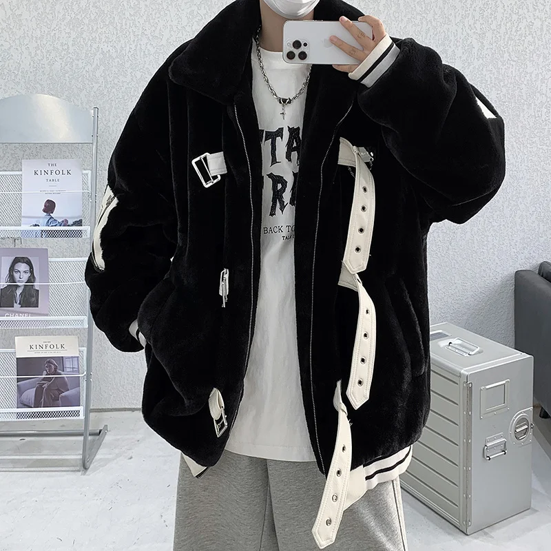 Privathinker Imitation Rabbit Hair Men's Thicken Jackets Turn Down Collar Leather Buckle Coats Fashion Brand Parkas Male Outwear