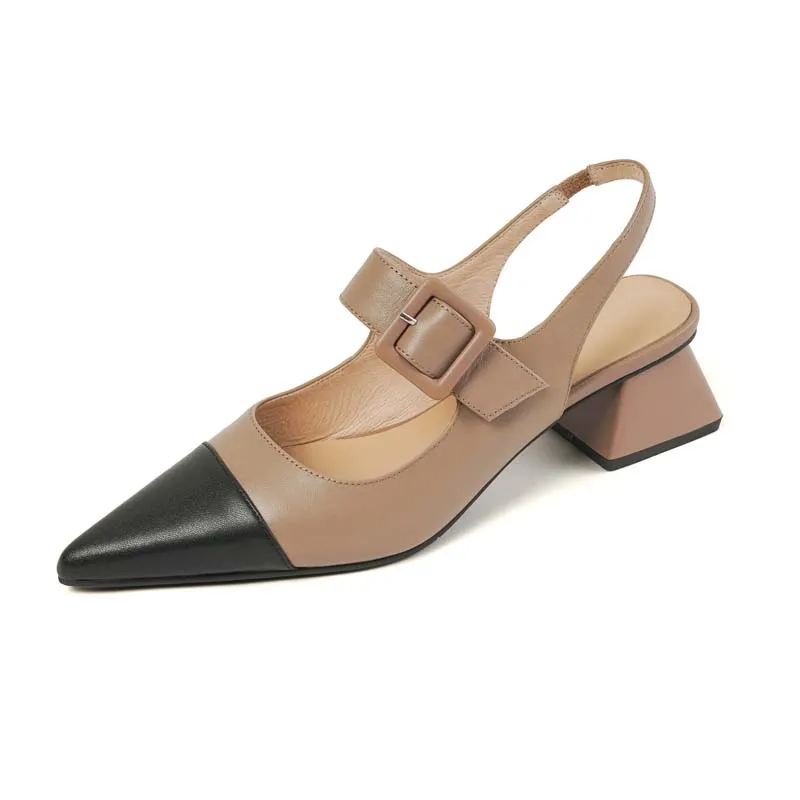

2022 Genuine Leather Slingbacks Women Sandals Summer Buckle Mid Thick Heels Beige Apricot Retro Patchwork Pointed Toe Party Shoe