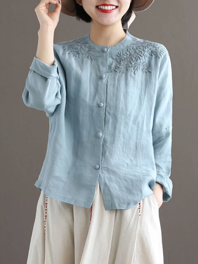 

Women Clothing Cotton Linen Casual Shirts Summer New Arrival 2022 Vintage Style Floral Embroidery Loose Female Long Sleeves Tops