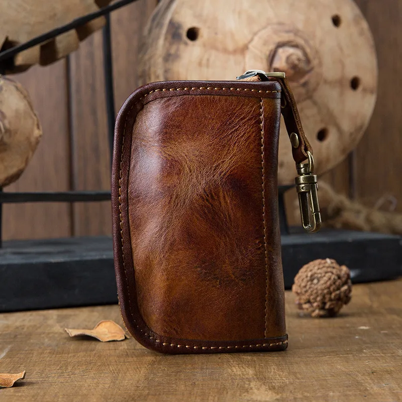 Vintage handmade natural real cowhide men's women's key cases fashion casual genuine leather samll ID card holder coin purse