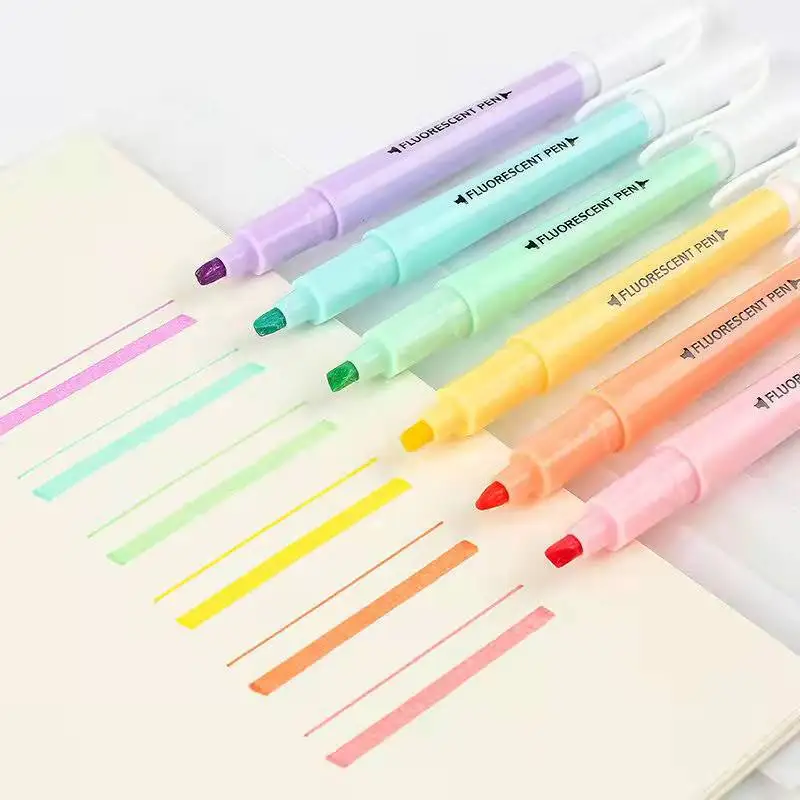 6Pcs/Set Double Head Fluorescent Highlighter Pen Markers Pastel Drawing for Student School Office Supplies Cute Stationery |