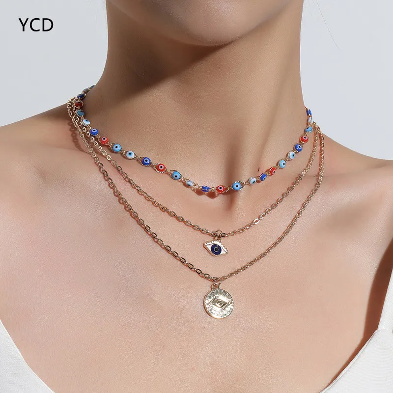 

YCD Fashion Multilayer Evil Eye Pendant Necklaces Vintage Devil Bohemian Colorful Beads Chain Choker Necklaces for Women Jewelry