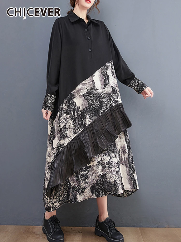 

CHICEVER лоскутное Плиссированное цветное платье для женщин с отворотом, длинным рукавом и пуговицами, свободные миди платья для женщин 2022, вес...