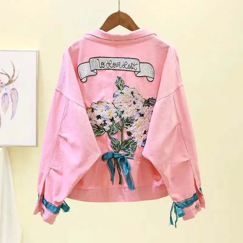 

Spring Women's Three-Dimensional Decorative Coat Korean Fashion Broken-Hole Bow Coat Loose Candy Color Embroidery Oversized Long