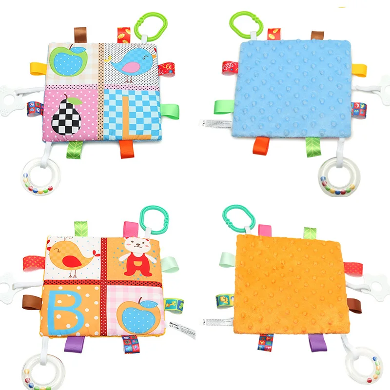 Baby Tags Plush Blankets Infant Soothing Square Towel With Teether Sensory Toys For 3-12m